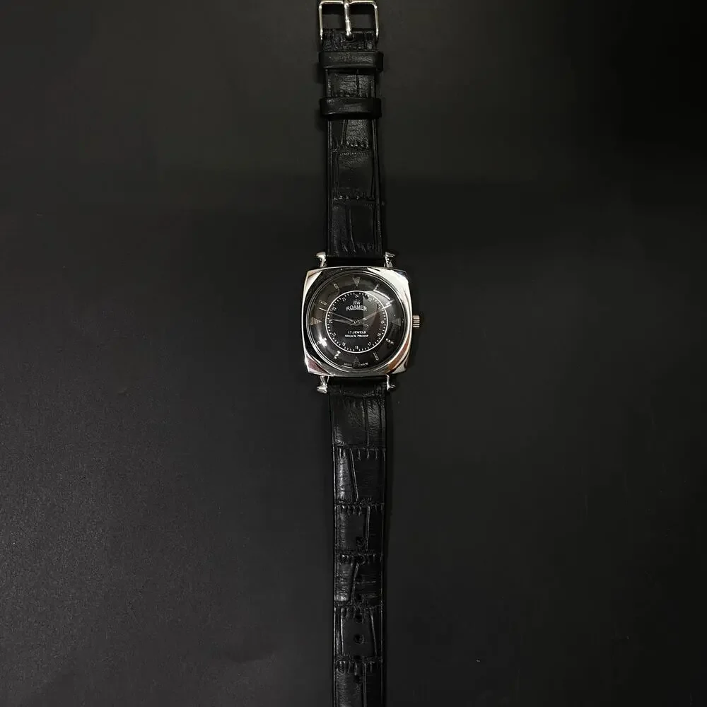 Vintage 1978 Roamer Manual Mens Silver Watch W/Leather Strap & Black accents